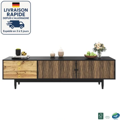 MODFU-Meuble TV de rangement, grain de bois, 3 tiroirs et 2 portes, adapté au salon/chambre, noir + marron, DMF, 180×38×50cm (1/5)