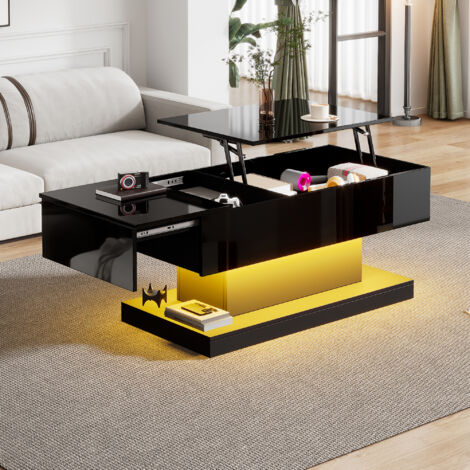 MODFU-Table basse relevable rectangulaire à LED avec rangement, idéale pour le salon et la chambre, 100x50x45cm, noir (1/5)
