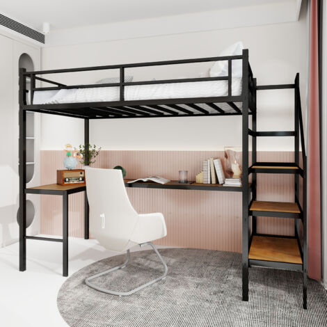 MODFU-Lit mezzanine enfant 90×190cm en métal, lit simple, bureau en L et 3 étagères, antichute, sans matelas, noir (1/5)
