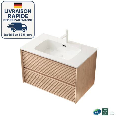 Meuble simple vasque - Fixé au mur - 81CM -Lavabo rectangulaire sous plan en céramique blanche - Meuble en contreplaqué rayé - 2 tiroirs - Pré-assemblé - Noyer cannelle (1/5)