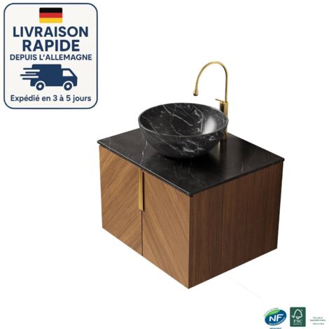 Meuble simple vasque - Fixé au mur - Comptoirs en pierre frittée noire - Vasque ronde en céramique à motifs de pierre - Grain de bois expresso - A - 61cm (1/5)