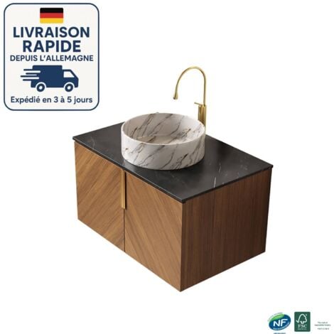 Meuble simple vasque - Fixé au mur - Comptoirs en pierre frittée noire - Vasque ronde en céramique à motifs de pierre - Grain de bois expresso - D - 76cm