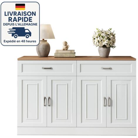 Buffet et enfilade - Style classique - Quatre portes et deux tiroirs - Bois Certifié PEFC - 120 × 35 × 80,5 cm - Blanc (1/5)