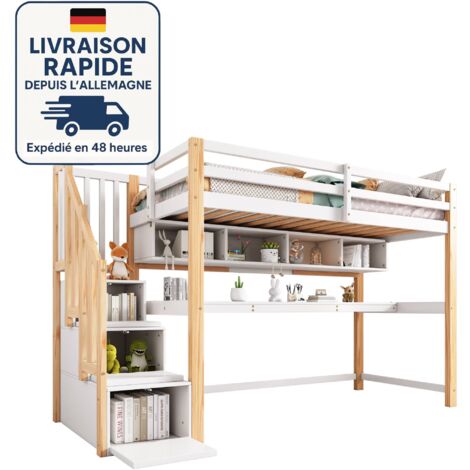 Lit mezzanine pour enfant 90 x 200 cm | Bois massif: Hêtre | Laqué