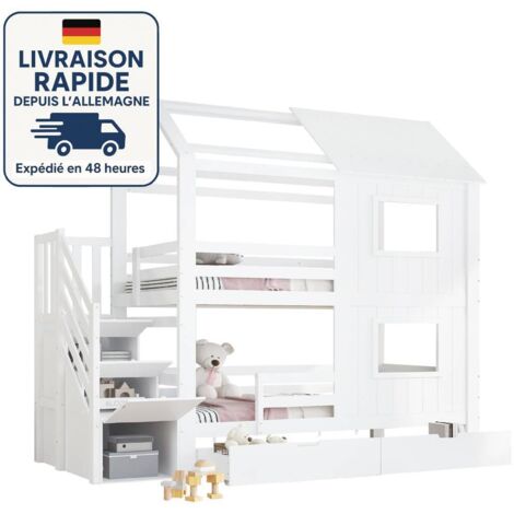 Lit superposé enfant 90x200 - Avec beaucoup d'espace de rangement - Belles fenêtres et toit - Peinture sans formaldéhyde - Bois Certifié PEFC - Blanc (1/5)