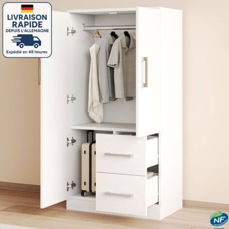 MODFU - Armoire avec tringle à vêtements, meuble haut d'entrée chambre, meuble de rangement, 2 portes 2 tiroirs, 70x40x135 cm, en bois, blanc (1/5)