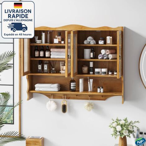 Hauss Spole – Armoire murale de salle de bain 100x20x80cm – 4 portes vitrées en bois naturel – Installation facile – Capacité 35kg (1/5)
