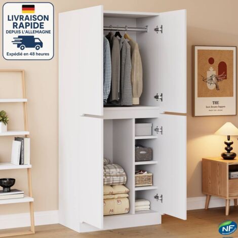Armoire en bois 4 portes, armoire de chambre avec compartiments de rangement, 1 tringle à vêtements, 70×40×170 cm, blanc (1/5)