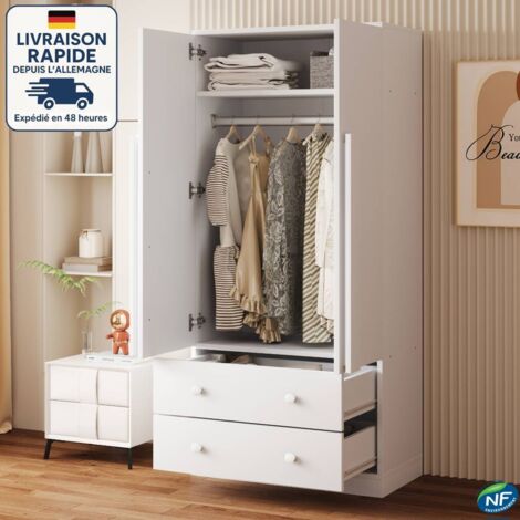 Armoire 2 portes 2 tiroirs, 1 tringle à vêtements, meuble haut de rangement - séjour et chambre, 70×40×170 cm, MDF, blanc (1/5)