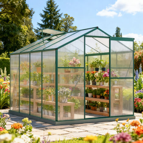 Serre de jardin polycarbonate 4,75 m² avec fondation galvanisée, 190 x 253 x 200 cm, panneaux polycarbonate 4 mm, porte coulissante