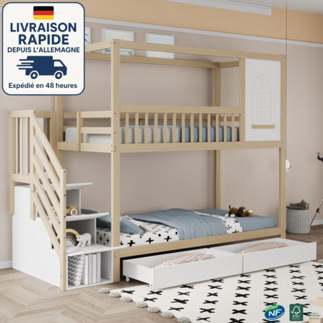 Lit superposé enfant 90x200 cm en bois, style maison avec fenêtres, barrières de sécurité et rangements intégrés (2 tiroirs + tiroirs marches), blanc+Couleur bois (1/5)