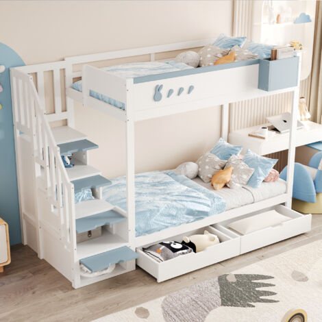 Lit superposé enfant 90x200 cm avec motifs lapin et carotte, étagère amovible, tiroirs et escalier-rangement, blanc/bleu (1/5)