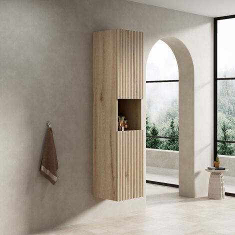 Armoire murale salle de bain chêne en contreplaqué 16 mm - 2 portes avec rangement ouvert, charnières amorties, résistante à l'humidité, grain de bois (1/5)
