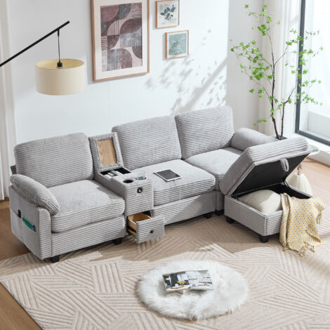 Grand canapé en velours côtelé, mousse à mémoire, console centrale amovible (2 porte‑gobelets + rangement), USB‑C, Gris clair