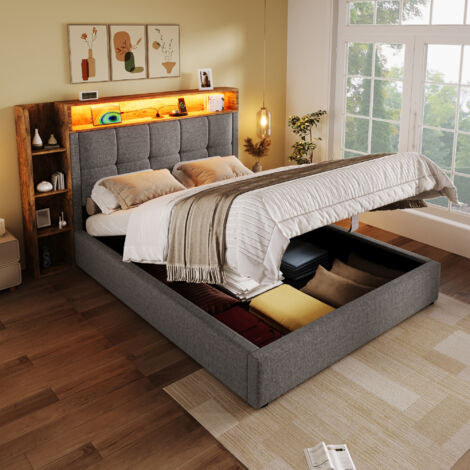 Lit simple - Lit coffre 90 x 200 cm, coffre hydraulique avec LED et port USB Type-C, tête rembourrée en lin , structure MDF - gris (1/5)