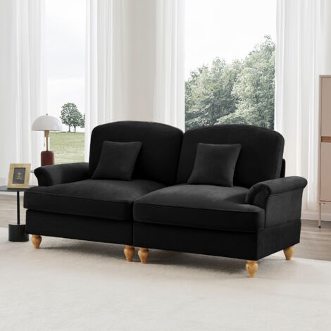 Canapé 2 places noir en chenille, volant amovible (2 styles), pouf modulable, pieds en bois (1/5)