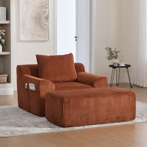 Fauteuil surdimensionné - canapé une place - 147 x 110 x 67 cm pour salon/chambre, velours côtelé , repose‑pieds réglable et poches latérales - orange