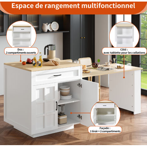 Tavolo Da Bar Allungabile 133-202 Cm | MDF Marmorizzato Con Cassetti E Scomparti | Per 2-6 Persone | Carrello Da Pranzo