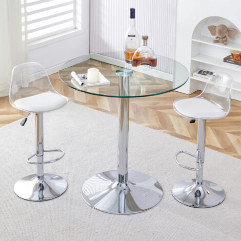 Table ronde Ø89 cm + 2 tabourets bar réglables 82–104 cm, verre & métal, assises transparentes - argent