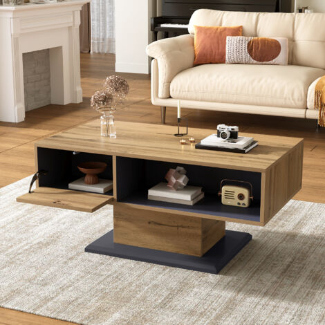 Table basse 100 x 50 x 46,5 cm, multifonction salon/bureau, double rangement double-face, panneau de particules mélaminé, chêne & gris (1/5)