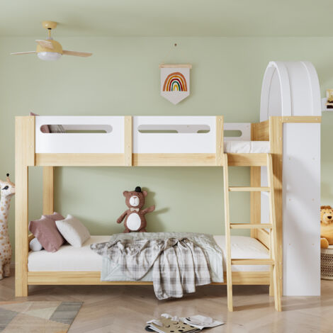 Lit superposé enfant 90x200 cm, étagère 3 niveaux, échelle 3 marches, barrière, pin+MDF, blanc/naturel (1/5)