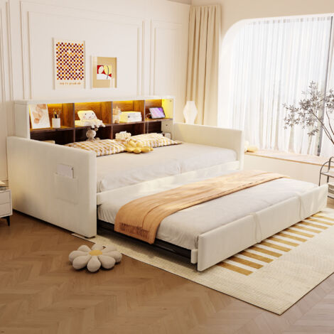 Canapé‑lit enfant - Lit gigogne 90 x 190 → 180 x 190 cm, tête avec rangements, LED et prises USB/Type‑C, velours beige