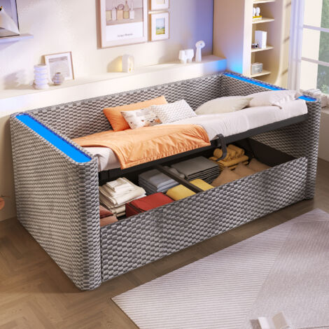 Lit coffre enfant 90 x 200 cm avec LED multicolore, coffre hydraulique, sommier à lattes, velours gris (1/5)