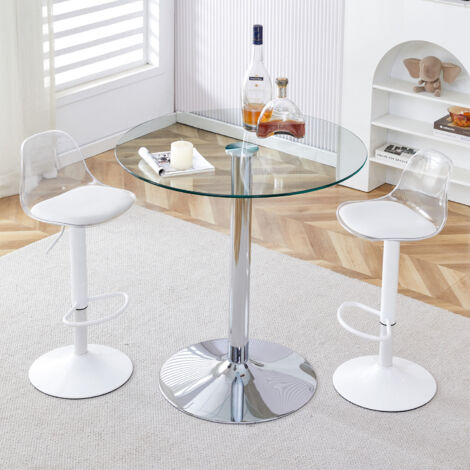 Table ronde Ø89 cm + 2 tabourets bar réglables 82–104 cm, verre & métal, assises transparentes - Blanc