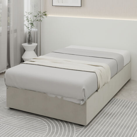 MODFU - Lit coffre enfant 90x200 cm, lit simple, sommier relevable à vérins à gaz, structure métal, tissu velours beige (1/5)