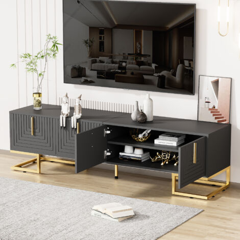 MODFU - Meuble TV 170x40x45,5 cm, 4 portes avec étagères, panneaux de particules, gris anthracite, pieds et poignées dorés