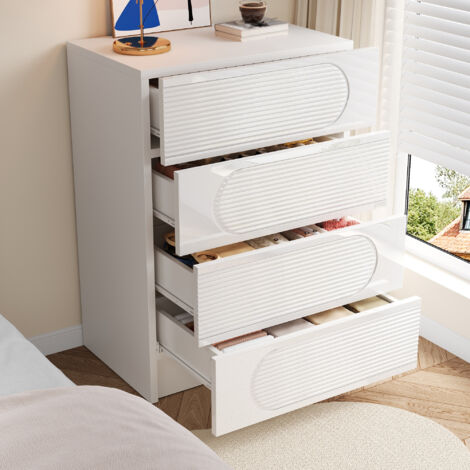 MODFU - Commode 4 tiroirs pour bureau/chambre/salon, MDF + panneaux de particules, blanc laqué, 60x38,5x85 cm (1/5)