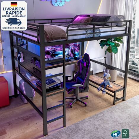 Lit mezzanine 140 x 200cm - Style industriel - Comprend un bureau, des étagères multicouches, des prises USB + Type-C, une bande lumineuse LED, un panneau perforé -noir (1/5)