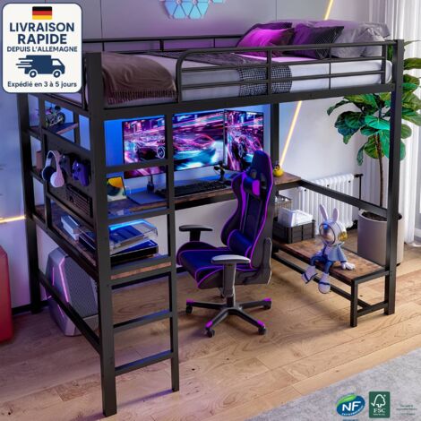 Lit mezzanine 90 x 200cm - Style industriel - Comprend un bureau, des étagères multicouches, des prises USB + Type-C, une bande lumineuse LED, un panneau perforé -noir (1/5)