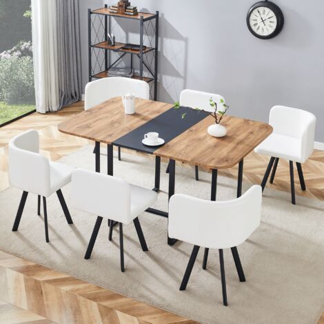 Ensemble table et chaises de salle à manger –4 à 6 personnes -Les tables et les chaises peuvent être rangées - Plateau en MDF imitation bois, pieds en métal noir – Naturel + Blanc