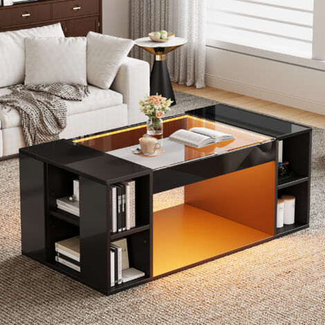 Table basse LED 100 x 50 x 40 cm, contrôlable par appli, plateau en verre trempé et MDF, noir (1/5)