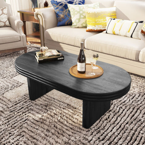 Table basse ovale 120 x 60 x 41,5 cm, style mid-century, MDF plaqué bois, noir (1/5)