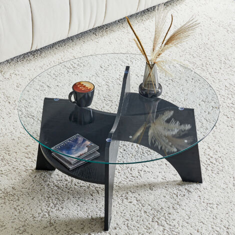Table basse verre et bois - ronde Ø80 cm, plateau verre trempé, piètement MDF , pour salon - noir