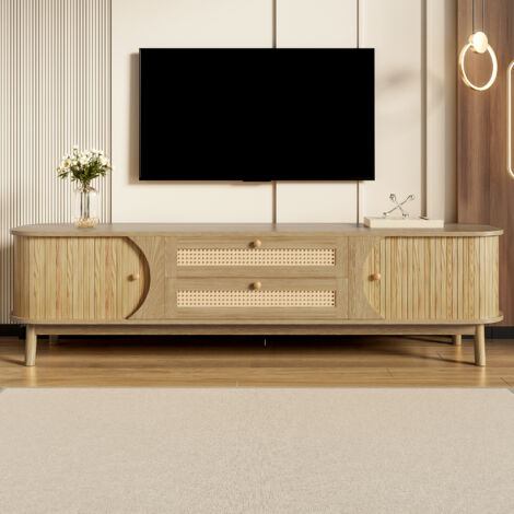 Meuble TV, buffet bas avec portes en bois et tiroirs en rotin, MDF, bois naturel, 170x46x39,5 cm (1/5)