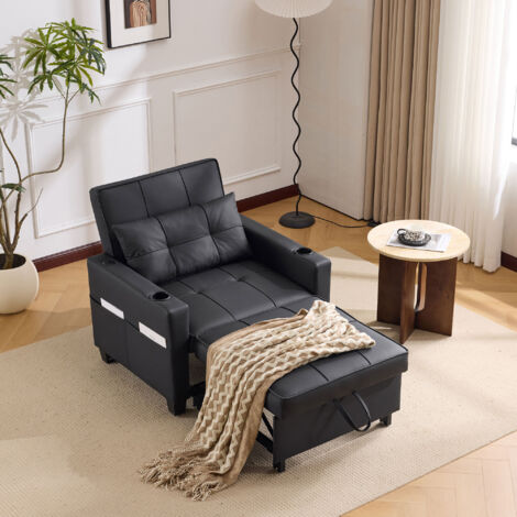 Fauteuil 3-en-1 convertible en lit d'appoint, inclinable 3 positions, porte-gobelets & port USB, bois + métal, noir