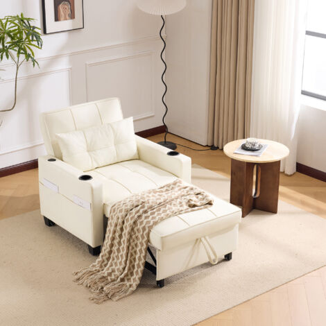 Fauteuil 3-en-1 convertible en lit d'appoint, inclinable 3 positions, porte-gobelets & port USB, bois + métal, blanc
