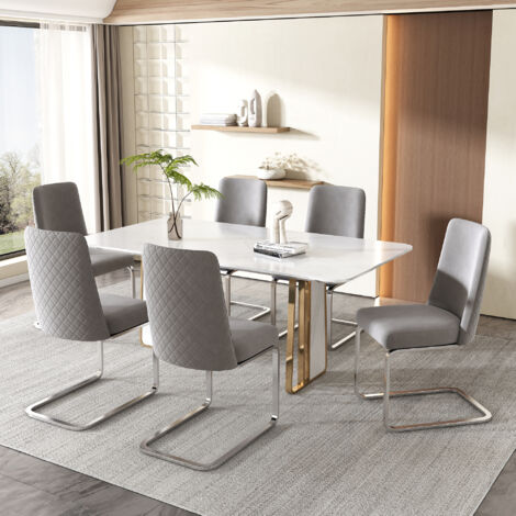 Lot de 6 chaises de salle à manger velours gris, chaise de bureau, dossier matelassé, pieds métal argent (1/5)