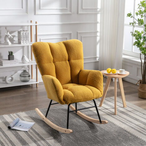 Fauteuil à bascule en tissu teddy, chaise de salon/chambre, métal noir et bois, 80x70x95 cm, jaune
