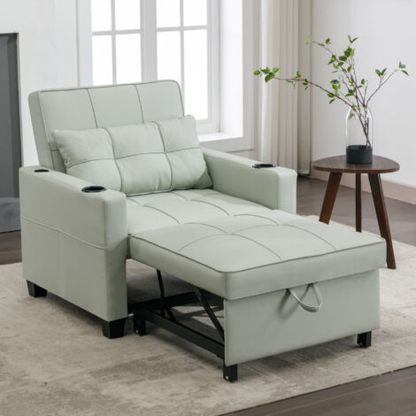 Fauteuil convertible 3-en-1 avec port USB,Lit banquette 1 Place - porte-gobelets et poche latérale, structure bois métal - vert clair