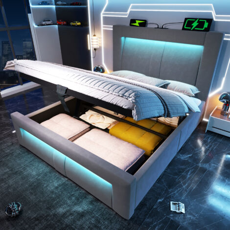 Lit coffre enfant 90x200 cm avec rangement, LED avec appli, ports USB/Type-C, sommier à lattes, velours gris (1/5)