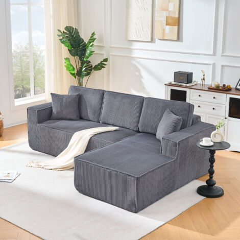 Canapé d’angle modulable en L 235x128 cm 2 places avec méridienne, tissu velours côtelé , 2 coussins - gris - Droite (1/5)