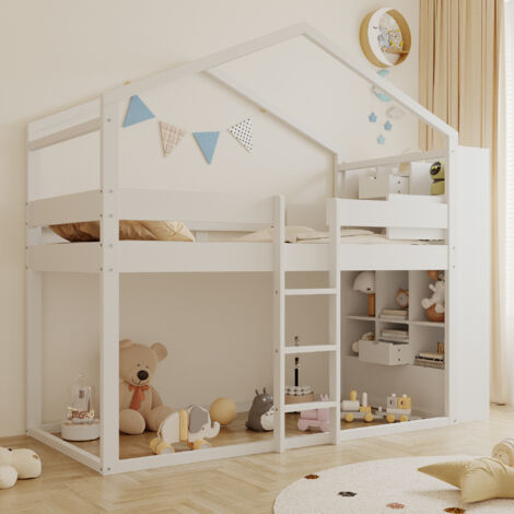 Lit superposé cabane 90x200 cm avec rangements aux têtes de lit et garde-corps, sommier inclus, bois blanc