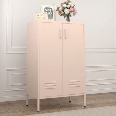 Armoire de rangement - Buffet, en Métal - 2 portes en métal avec 2 étagères réglables, fermeture magnétique, pieds ajustables - rose (1/5)