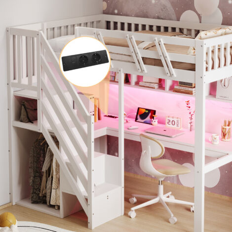 Lit mezzanine enfant 90x200 cm avec escalier rangement, bureau, prises USB et LED, bois blanc