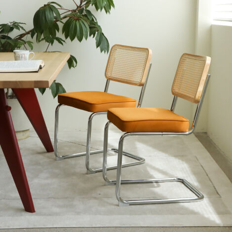 Lot de 2 chaises de salle à manger cantilever, dossier en rotin tressé, assise en tissu orange, cadre chromé (1/5)