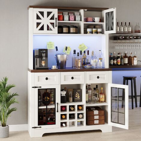 Meuble de rangement haut 120x40x180 cm avec éclairage LED connecté, casier à vin, étagères réglables, MDF verre blanc (1/5)